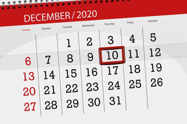 Calendar planner for the month december 2020, deadline day, 10, thursday.