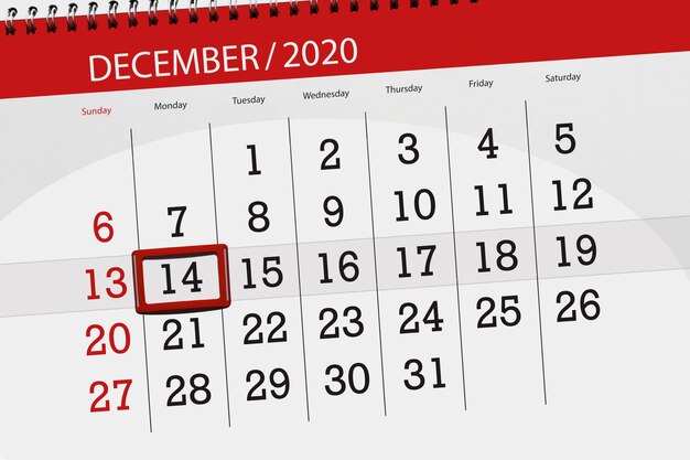 Calendar planner for the month december 2020, deadline day, 14, monday.