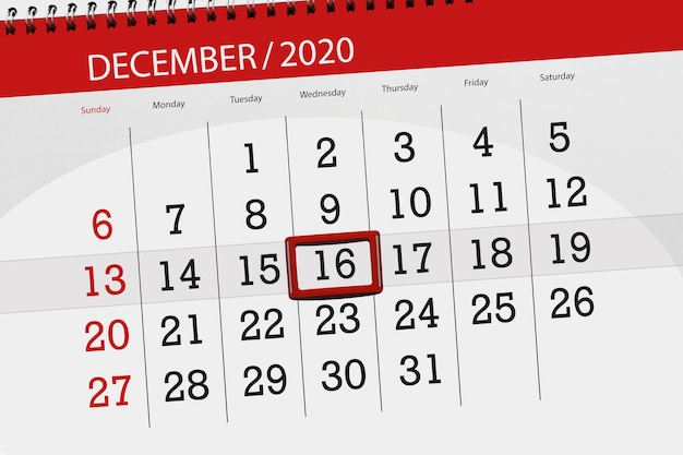 Calendar planner for the month december 2020, deadline day, 16, wednesday.