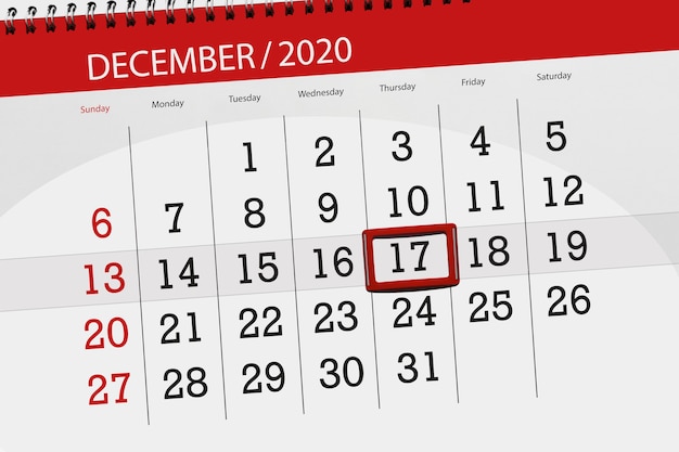 Calendar planner for the month december 2020, deadline day, 17, thursday.