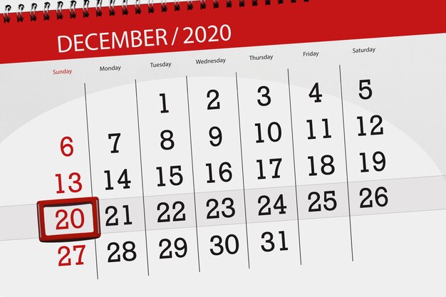 Calendar planner for the month december 2020, deadline day, 20, sunday.