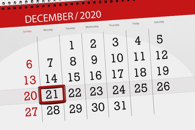 Calendar planner for the month december 2020, deadline day, 21, monday.