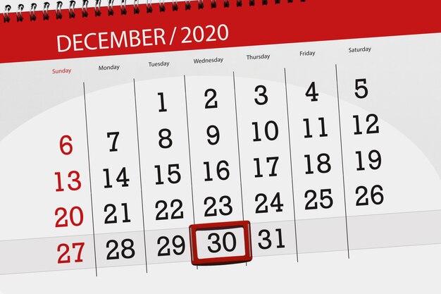 Calendar planner for the month december 2020, deadline day, 30, wednesday.