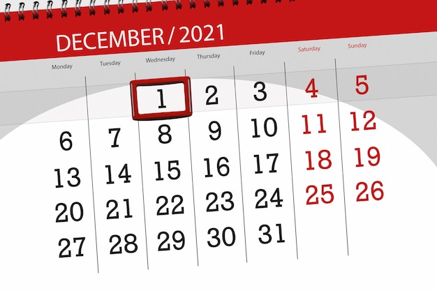 Calendar planner for the month december 2021, deadline day, 1, wednesday.