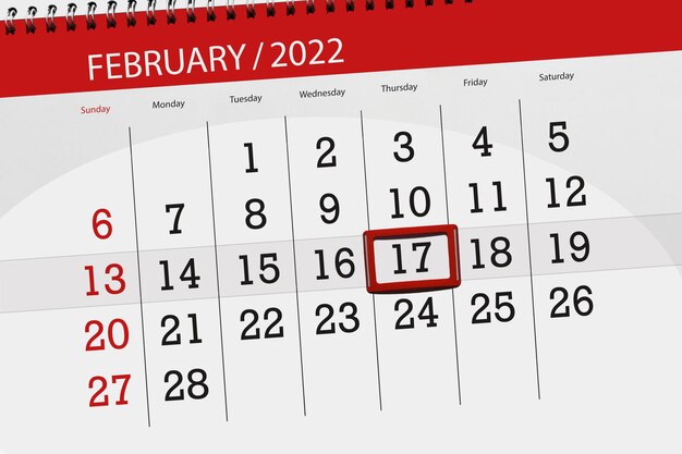 Calendar planner for the month february 2022, deadline day, 17, thursday.