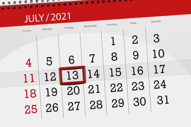 Calendar planner for the month july 2021, deadline day, 13, tuesday.