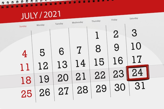 Calendar planner for the month july 2021, deadline day, 24, saturday.