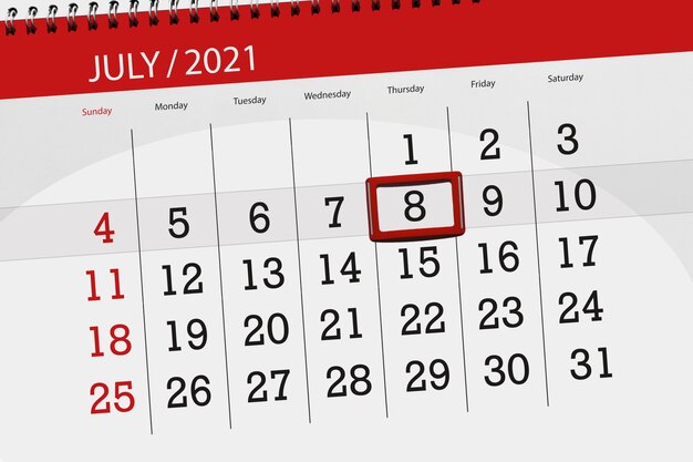 Calendar planner for the month july 2021, deadline day, 8, thursday.