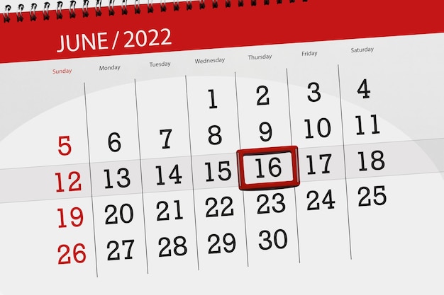 Calendar planner for the month june 2022 deadline day 16 thursday