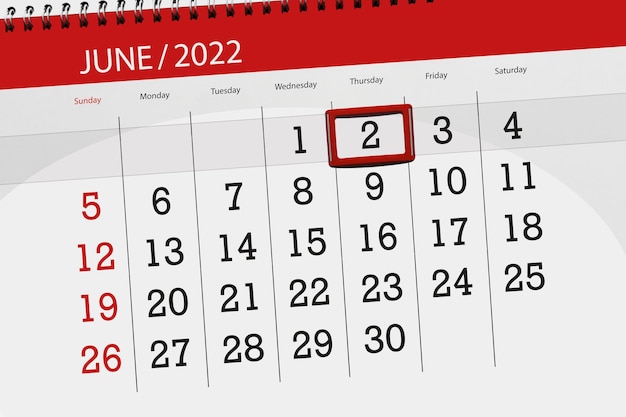 Calendar planner for the month june 2022 deadline day 2 thursday