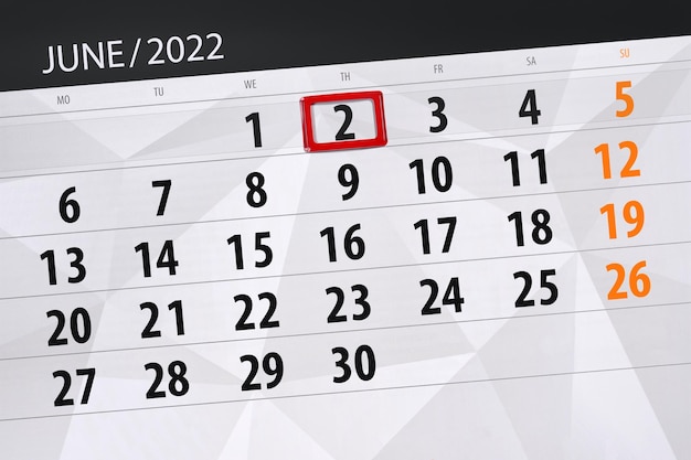 Calendar planner for the month june 2022 deadline day 2 thursday