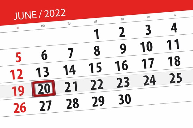 Calendar planner for the month june 2022 deadline day 20 monday