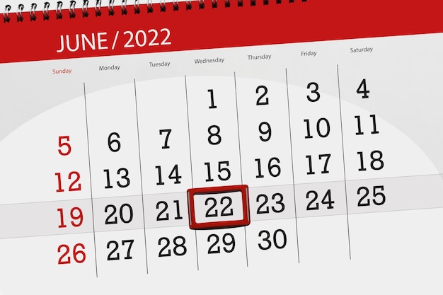 Calendar planner for the month june 2022 deadline day 22 wednesday