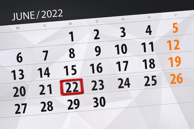 Calendar planner for the month june 2022 deadline day 22 wednesday