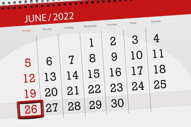 Calendar planner for the month june 2022 deadline day 26 sunday