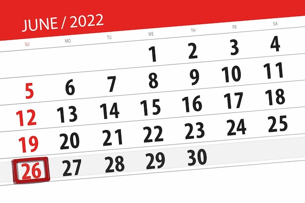 Calendar planner for the month june 2022 deadline day 26 sunday