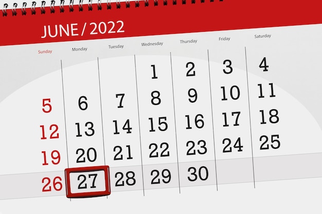 Calendar planner for the month june 2022 deadline day 27 monday