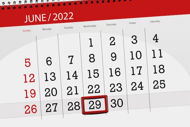 Calendar planner for the month june 2022 deadline day 29 wednesday