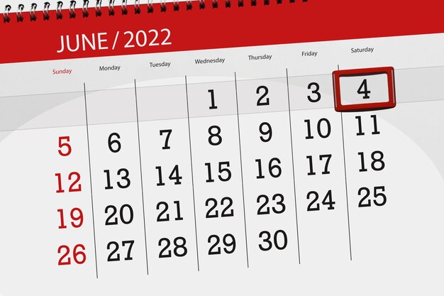 Calendar planner for the month june 2022 deadline day 4 saturday