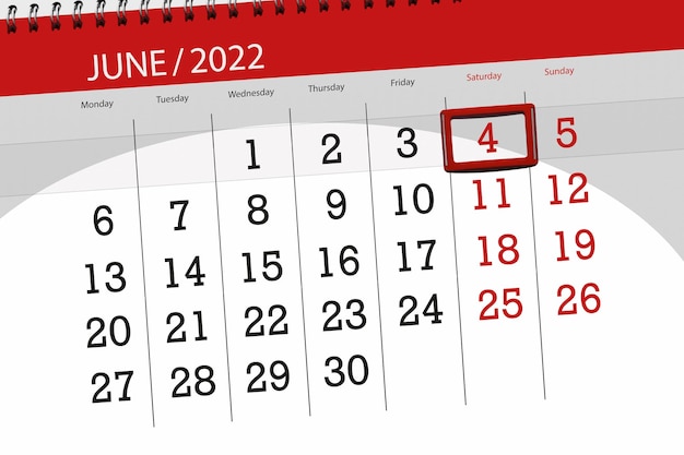 Calendar planner for the month june 2022 deadline day 4 saturday