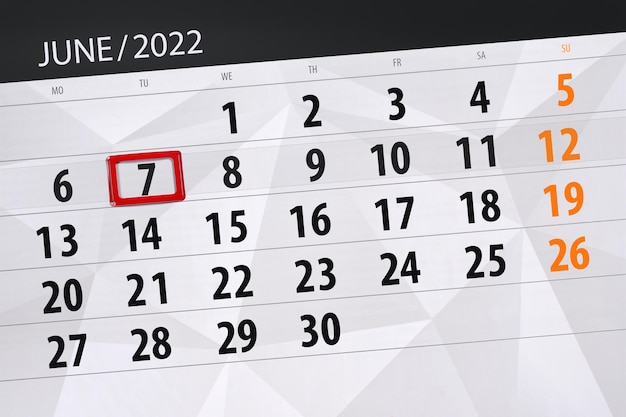 Calendar planner for the month june 2022 deadline day 7 tuesday