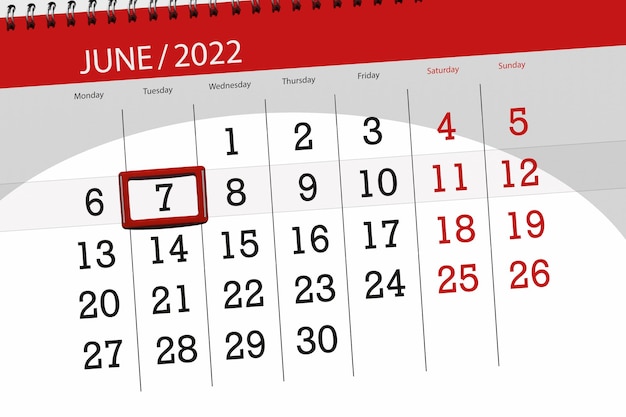 Calendar planner for the month june 2022 deadline day 7 tuesday