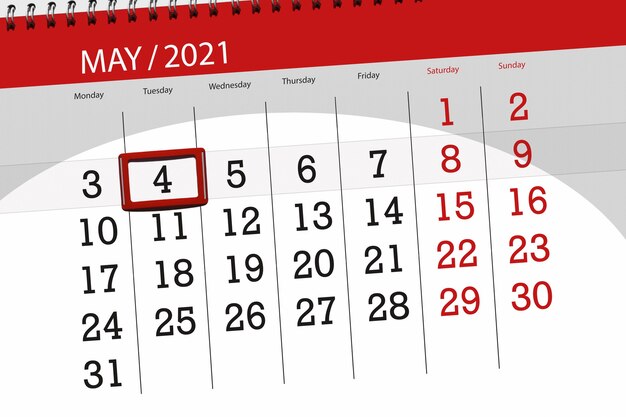 Calendar planner for the month may 2021, deadline day, 4, tuesday.