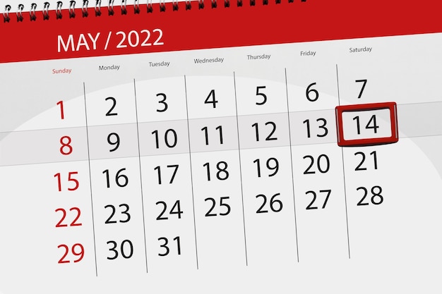 Calendar planner for the month may 2022 deadline day 14 saturday