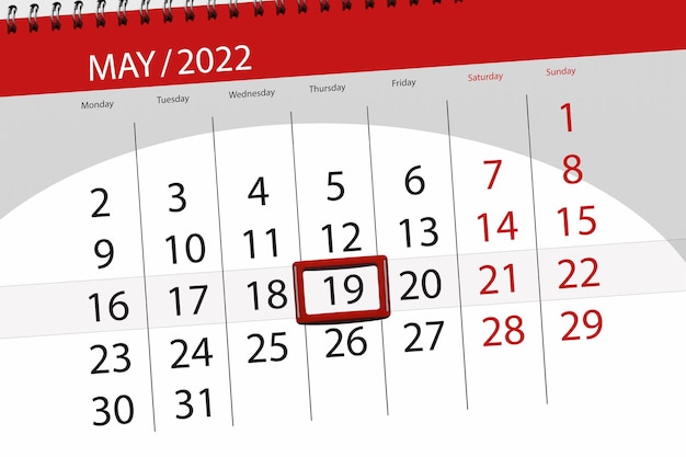 Calendar planner for the month may 2022 deadline day 19 thursday