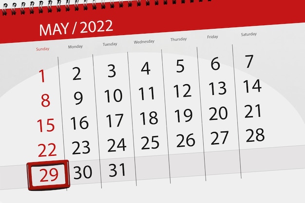 Calendar planner for the month may 2022 deadline day 29 sunday