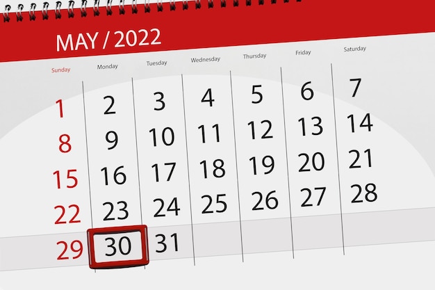 Calendar planner for the month may 2022 deadline day 30 monday