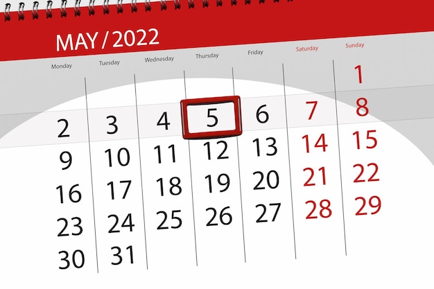 Calendar planner for the month may 2022 deadline day 5 thursday