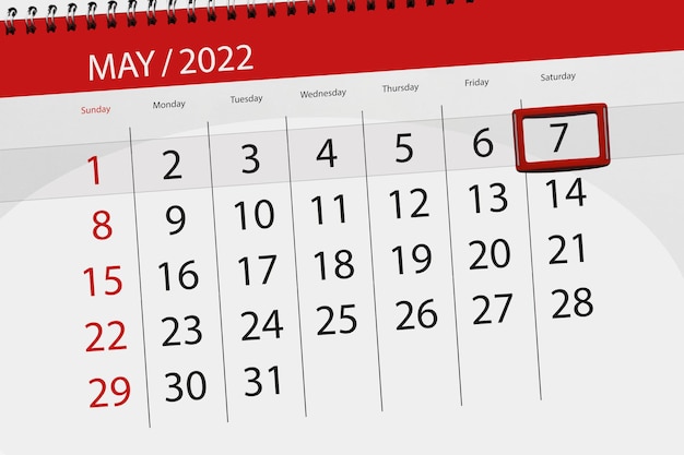 Calendar planner for the month may 2022 deadline day 7 saturday