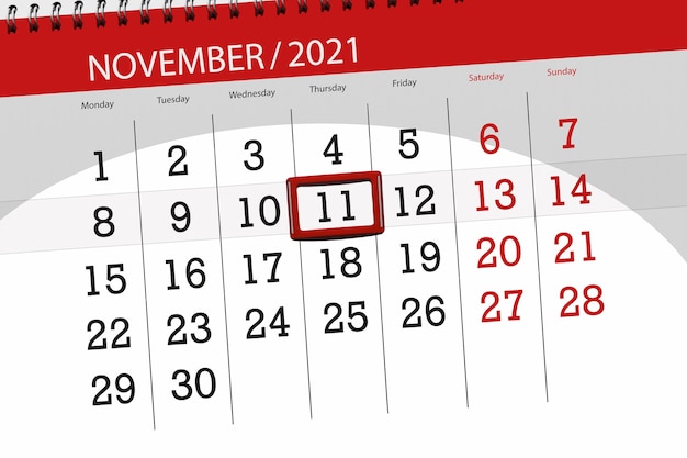 Calendar planner for the month november 2021, deadline day, 11, thursday.