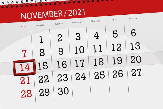 Calendar planner for the month november 2021, deadline day, 14, sunday.