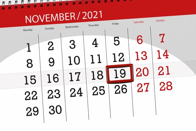 Calendar planner for the month november 2021, deadline day, 19, friday.