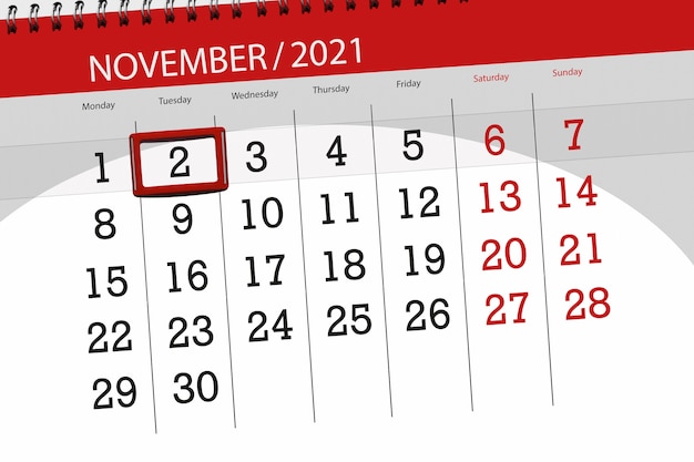 Calendar planner for the month november 2021, deadline day, 2, tuesday.