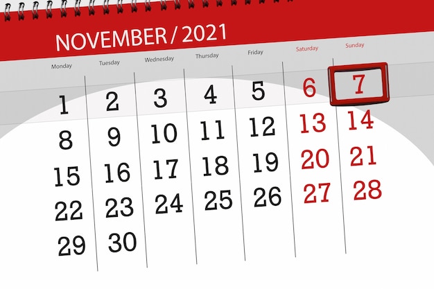 Calendar planner for the month november 2021, deadline day, 7, sunday.