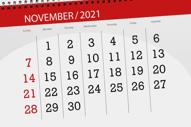 Calendar planner for the month november 2021, deadline day.