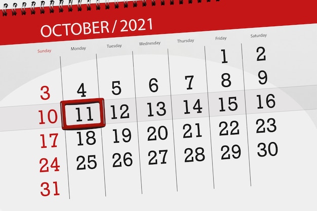 Calendar planner for the month october 2021, deadline day, 11, monday.