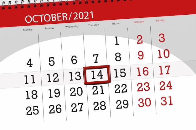 Calendar planner for the month october 2021, deadline day, 14, thursday.