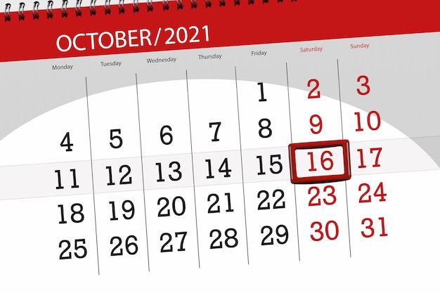 Calendar planner for the month october 2021, deadline day, 16, saturday.