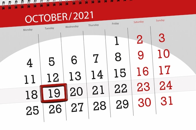 Calendar planner for the month october 2021, deadline day, 19, tuesday.