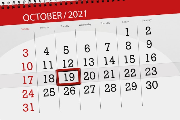 Calendar planner for the month october 2021, deadline day, 19, tuesday.