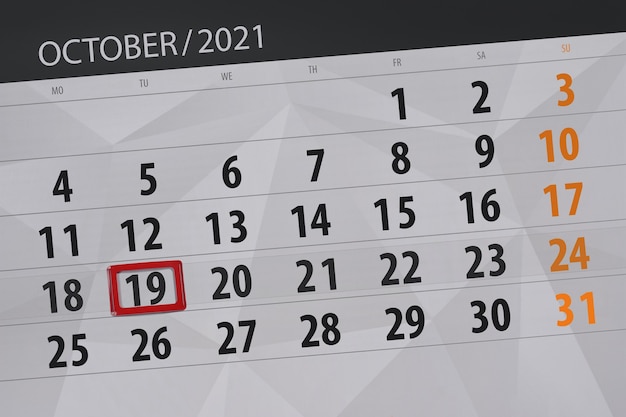 Calendar planner for the month october 2021, deadline day, 19, tuesday.