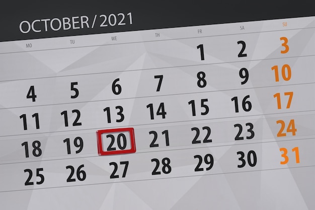 Calendar planner for the month october 2021, deadline day, 20, wednesday.