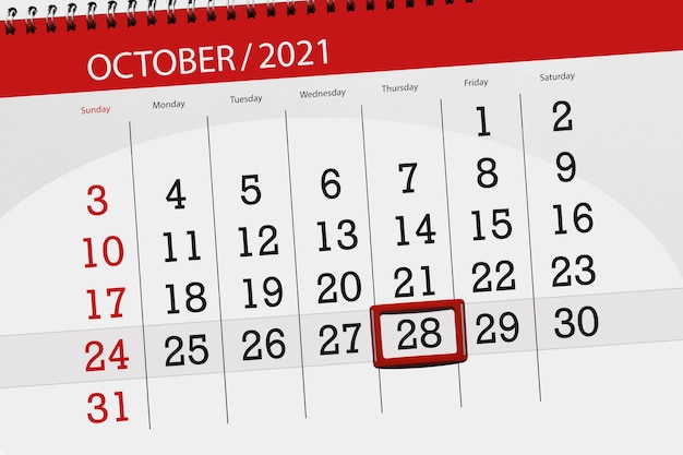 Calendar planner for the month october 2021, deadline day, 28, thursday.