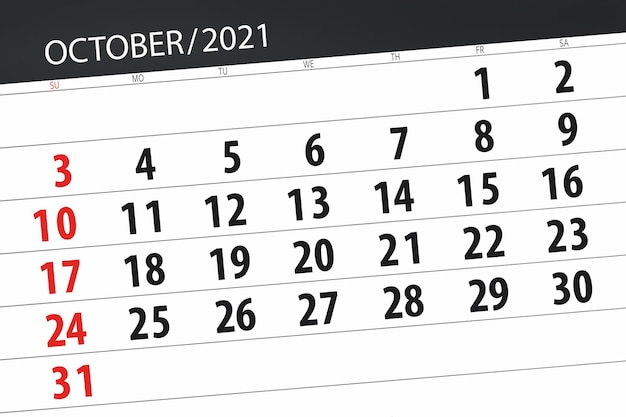 Calendar planner for the month october 2021, deadline day.