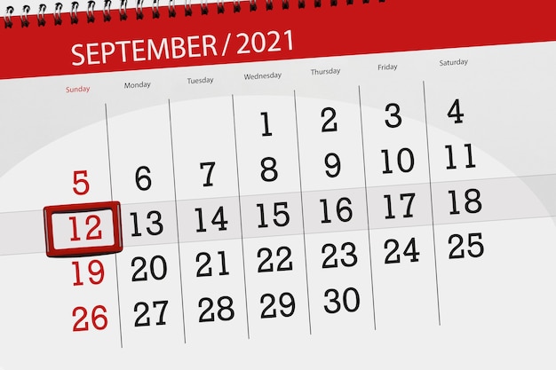 Calendar planner for the month september 2021, deadline day, 12, sunday.