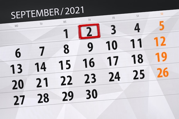 Calendar planner for the month september 2021, deadline day, 2, thursday.